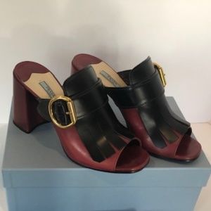 PRADA Slip Stacked Heal, Gold Buckle Mules